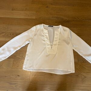 Women's White V-Neck Long Sleeve Blouse decker sheer size large polyester